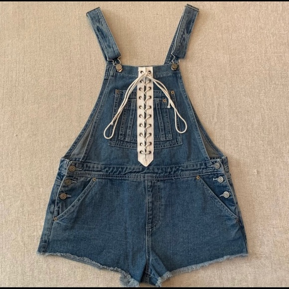 Forever 21 lace up denim overall jean frayed shorts 29 festival wear - Picture 1 of 6